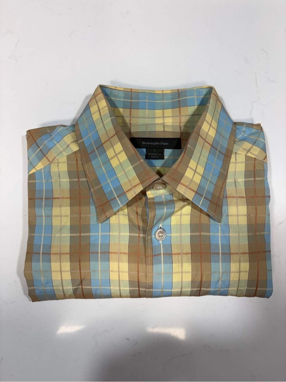 Ermenegildo Zegna Button Down Shirt Men’s L Plaid Geometric Cotton Made in Italy
